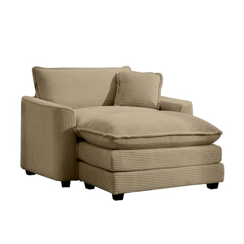 Image of 56.3"Corduroy Single Sofa, Comfy Sofa, Deep Single Sofa, Deep Seat Couch for Living Room, Minimalist Sofa, Small Sectional Couches for Small Spaces, Couch with 2 Toss Pillows and a Ottoman (45"Tan)