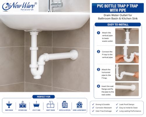 Image of NEW WARE PVC Bottle Trap P Trap with Extension Pipe for Wash Basin & Kitchen Sink | Bathroom Drain Water Outlet Waste Pipe | Anti Odor Leak Proof Waste Drain Pipe White
