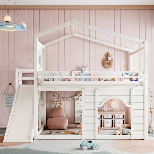Image of Bellemave Bunk beds Full Over Full with Slide,Bookshelf and Wardrobe House roof Design, Low bunk /loft Bed for Kids,Beige
