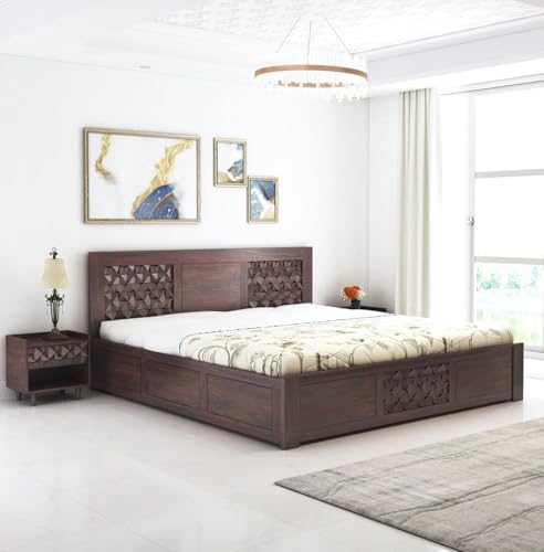 Image of Ganpati Arts Solid Sheesham Wood Queen Size Raj Bed with Box Storage | Wooden Double Bed Cot Palang Fruniture for Bedroom Living Room and Home (Walnut Finish) 1 Year Warranty
