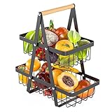 Obstkorb Etagere, Obst Aufbewahrung, 2 Stöckig Obstetagere, Abnehmbare Obst Etagere, Gemüsekorb, Weiß Metall Fruits Basket, mit Holzgriff, für Obst Brot Snacks Korb Gemüse Aufbewahrung (Schwarz)