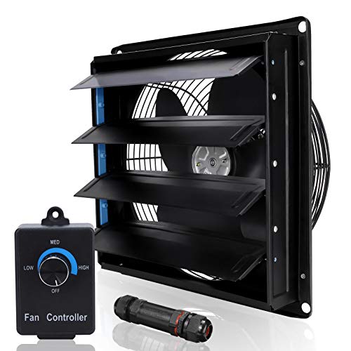 SAILFLO Shutter Exhaust Fan 14 Inch Variable Speed Wall Mounted Heavy Duty Aluminum with Power Cord Kit Speed Controller,Vent Fan for Greenhouses Shop Home Attic Garage Shed Ventilation,Black