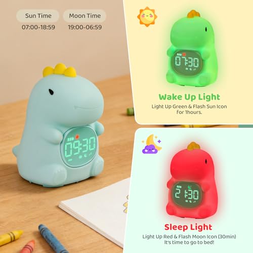 Image of Dinosaurs Alarm Clock with Night Light for Kids with Sleep Training and Sound Machine, Rechargeable Silicone Lamp OK to Wake Clock,Cute Animal Tabletop Lamp, Perfect Sleep Companion for Boys Girls