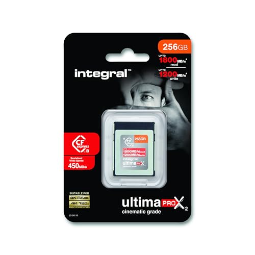 Integral Carte Mémoire CFexpress Type B 2.0 256 Go, 8K RAW et 4K 120 FPS, 1800MB/s Lecture, 1200MB/s Écriture, 450MB/s Écriture Soutenue, Conçue pour Les Cinéastes et Photographes Professionnels