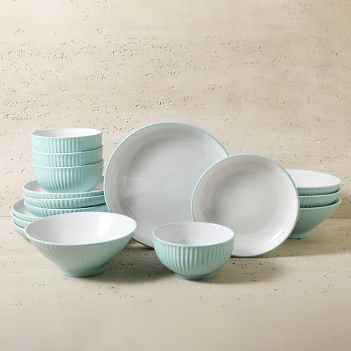 Image of Christian Siriano Lustra Modern 16-Piece Stoneware Dinnerware Set, Plates and Bowls Set, Dinner and Salad Plates, Ramen Bowls, Dishes for 4, Teal