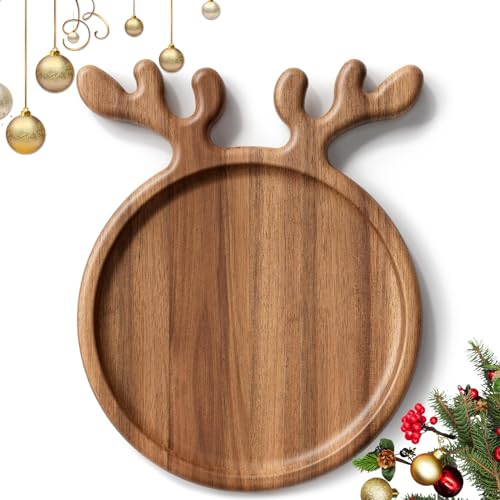Dofira Acacia Wood Serving Platter, Decorative Deer Antler, 15' Round Wooden Food Dish Display Plate, Charcuterie Board Tray for Cheese Fruit, Kitchen Gift for Housewarming Christmas (Gift Box)
