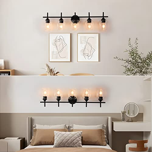Image of foucasal Bathroom Light Fixtures, 5-Light Matte Black Vanity Light with Clear Glass Shade, Modern Wall Lights for Bedroom Hallway Living Room (Black, 5-Light)