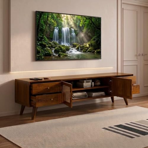 Image of MISAN Modern TV Table | Solid Sheesham Wood Sideboard TV Unit for Living Room, Bedroom, Office Furniture Stand | Wooden Free Standing Entertainment Unit Side Board Table with Storage (H-Hony)