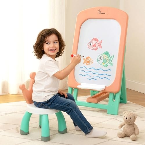 Image of R for Rabbit Little Genius Doodle Duo for Kids Whiteboard with Chair Set | 7-Level Adjustable Height Study Table for 3-7 Years | Foldable & Space Saving | Desk for Learning & Drawing (Peach Green)