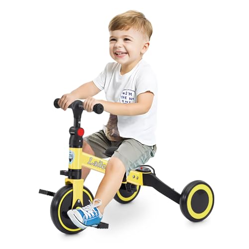 DollarDash 3 in 1 Tricycle for Toddler Age 2-5 Years Old, Folding Kids Balance Bike with Adjustable Seat & Removable Pedal, Indoor Outdoor Ride-on Toy for Infant, Baby Trike for Boy and Girl, Yellow