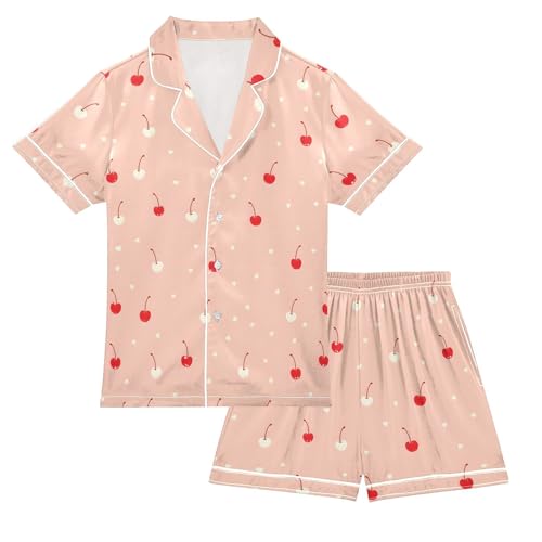 ALAZA Cherry Fruit Cute Satin Pajamas Set Short Sleeve Button Down Sleepwear Summer Pjs 2 Piece