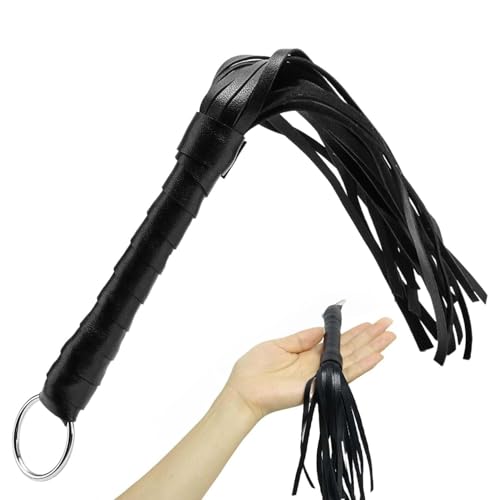 Black Whip Props, 48cm Horse Whip Crop with Faux Leather, Durable Equestrian Flogger Tassel with Anti-Slip Grip, Novelty Tassel Dressage Whips, for Horse Training Stage Acts and Cosplay