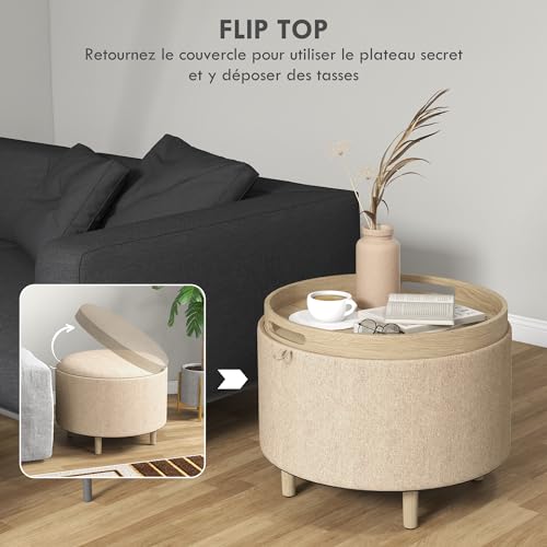 Pouf rond rangement couvercle table beige HOMCOM