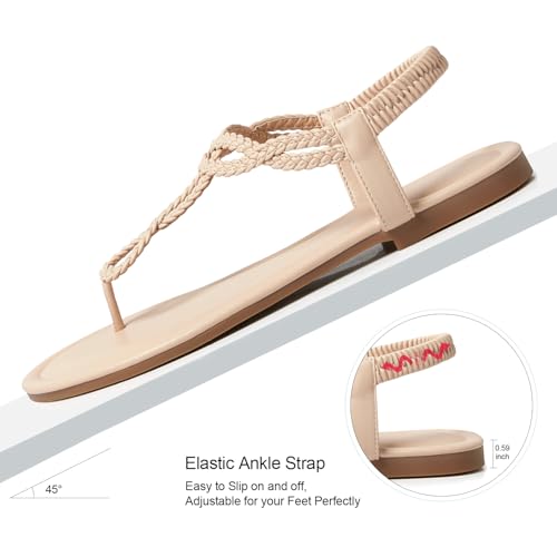Image of iCKER Womens Braided T‑Strap Flat Sandals Elastic Stretch Ankle Strap | Boho cute casual lightweight and comfort matches dresses for beach vacation