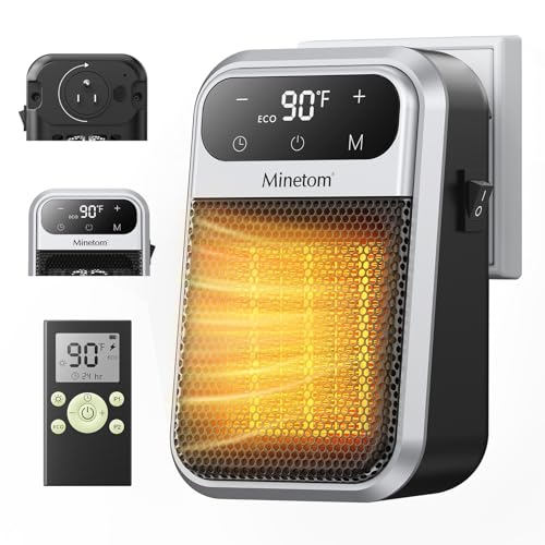 Minetom Portable Plug In Space Heater, 800W Small Wall Heater for Indoor Use, Remote, 12H Timer, ECO Mode, Overheat Protection, Fast and Safe Heat for Bathroom Office Bedroom Home