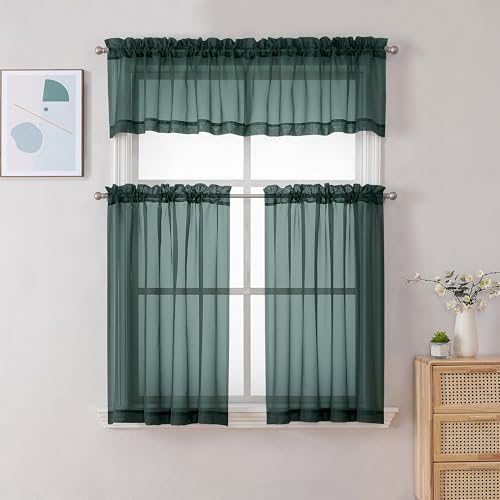 Image of Chyhomenyc Hunter Green Sheer Valances for Windows - Light Filtering Small Kitchen Curtains, Rod Pocket Short Top Window Treatment Decor for Living Room Bathroom Basement, 42Wx16L inches, 2 Panels