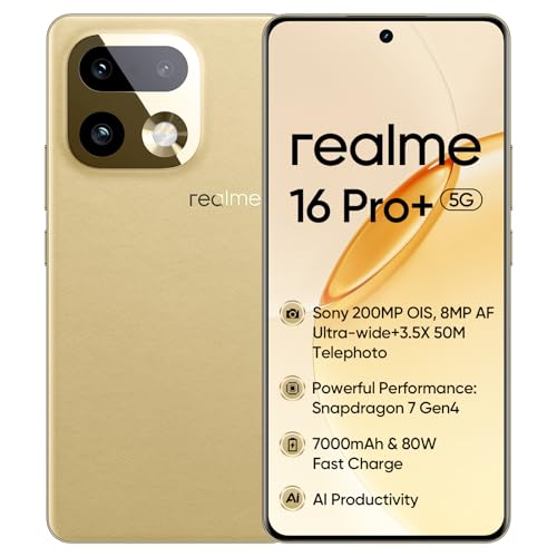 realme 16 Pro+ 5G, Smartphone 8+256GB, Qualcomm Snapdragon 7 Gen 4, 200MP OIS, Curved Display 6.8“ 144Hz, Battery 7000mAh,IP69 Master Gold