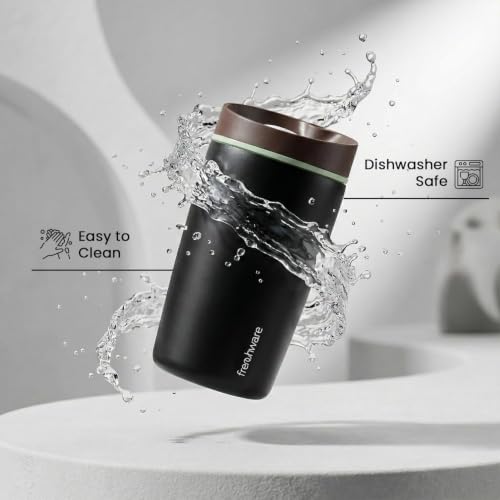 Image of Frenchware AeroMug Insulated Stainless Steel Coffee Tumbler, 450 ml | Smooth Sip Slider, Reusable, Hot & Cold Coffee Travel Mug, Carbon Black