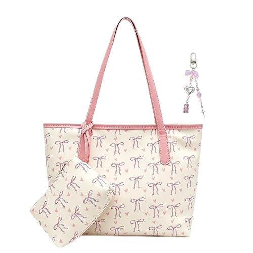 Lazo Rosa Bolso Tote Blanco de PU – Set 3 Piezas con Monedero y Llavero, Ribetes Rosa Claro, Bolso de Piel Sintética para Mujer, Trabajo, Compras, Regalo