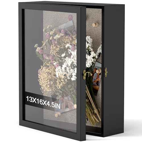 13x16 Shadow Box Frame with Acrylic Glass, Deep Large Shadow Boxes Display Cases for Tabletop and Wall Display, Memory Box for Keepsakes, Shadow Box for Flowers, Black with Linen Back