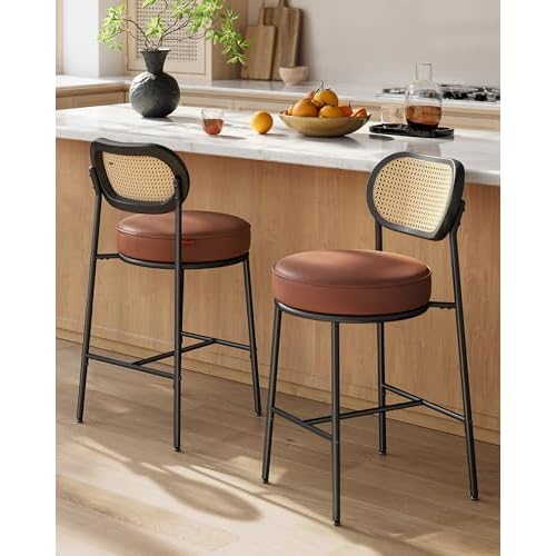 VASAGLE Bar Stools Set of 2, Bar Height Stools with Rattan Back and Metal Legs, 25.1-Inch Tall Counter Chairs, Modern Leather Upholstered Barstools for Kitchen Island Dining Room, Caramel Br