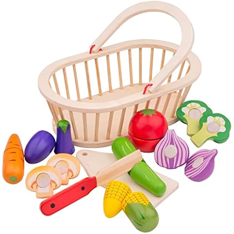 New Classic Toys 10589 Wooden Pretend Play Kids Cutting Meal Vegetable Basket Cooking Simulation Educational Color Perception Toy for Preschool Age Toddlers Boys Girls, Multi-Colour Colour Cover