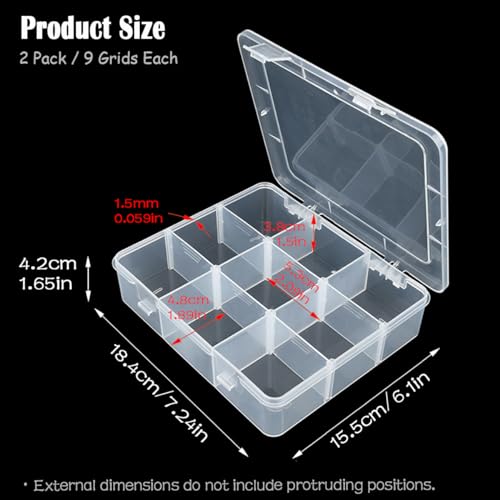 Image of 2 PCS Clear Plastic Organizer Box Container Craft Storage with Adjustable Dividers (9 Girds) for Small Items and Bead Rings Jewelry Display Organizer Size 7.24 x 6.1 x 1.65 in