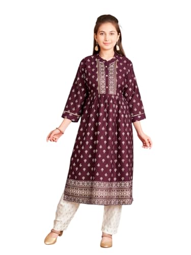Image of Aarika Girls Ethnic Wear Wine Colour Foil Print Rayon Kurti Pant Set