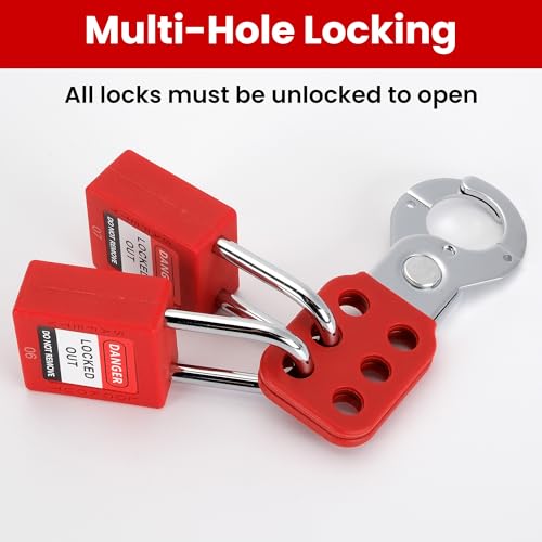 Image of Lock Out Tag Out Hasp, Steel Tamper-Proof Loto Hasp with Extended Jaw, Safety Lockout Kit with 6 Holes Interlock, Padlock Latch（6 Pack, Red）