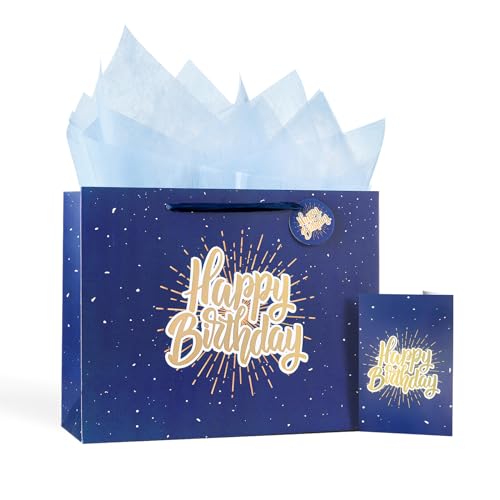 Image of 13 inch Blue Happy Birthday Gift Bag with Tissue Paper and Greeting Card | Happy Birthday Gift Bag for Men Women, Gift Bags Medium size(1 PCS Blue)