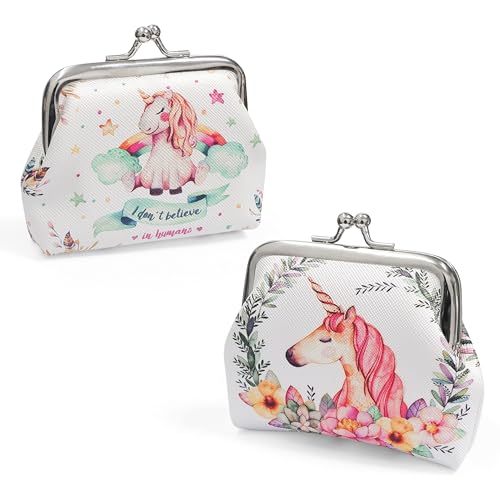 SNCCJ Netter Münzbörse für Damen, 2 Stück Kleine Exquisit Kuss-Schloss Münzbeutel für Mädchen (Einhorn weiß)