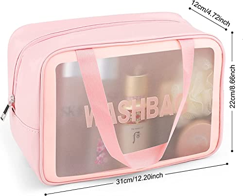 Image of KUKLAR Wash Bag Pouch for Travel Kit Toiletry Bag Cosmetic Bag Make Up Box for Brushes,Accessories with Handle,Large Capacity Translucent Waterproof Travel Storage Organizer Set of 1(Pink)