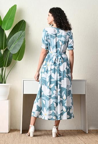 Image of Ichaa Women's Aqua Rayon Printed Maternity Dress with Feeding Zips and Pocket, in Plus Sizes