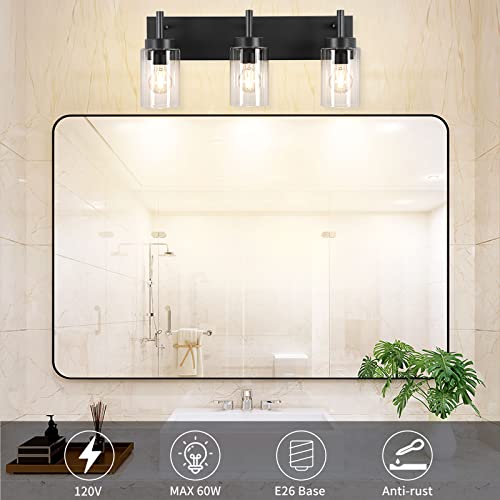 Image of DLLT Wall Light Fixture, Vintage Bathroom Vanity Light with 3 Clear Glass Shade, Wall Sconces Lamp for Powder Room, Hallway, Kitchen, Mirror, Laundry Room (E26 Base)