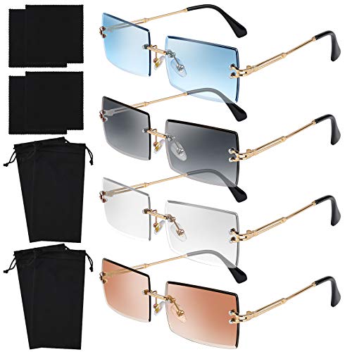 URATOT 4 Pack Rimless Rectangle Sunglasses Transparent Retro Sunglasses Vintage Rimless Eyewear Metal Frame Eyewear for Women Men
