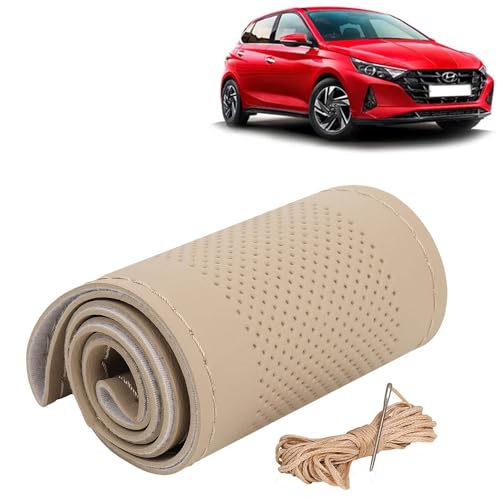 Image of KINGSWAY PU Leatherite Car Steering Cover Sewable Compatible with Hyundai I20 (Year 2020 Onwards), Beige Color with Beige Thread, Pack of 1 with Sewing Needle and Thread