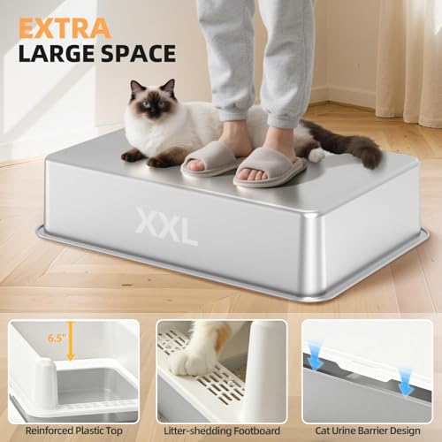Image of WoofiGo Stainless Steel Cat Litter Box with Lid, XXL Large Metal Kitty Litter Box Enclosed for Big Cats, High Sided, Anti-Urine Leakage, Non-Stick Bottom, Include Scoop (White)