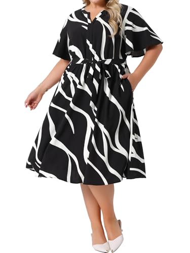 Agnes Orinda Plus Size Dress for Women Short Sleeve Notched V Neck Belt Summer Midi Dresses with Pockets