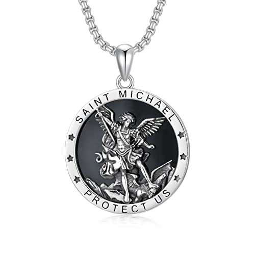 Black Onyx St Michael Necklace for Men 925 Sterling Silver Round Saint Archangel Michael Medal Medallion Protection Jewelry Fathers Day Gift