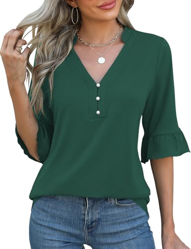 Rapbin Business Casual Tops for Women 3/4 Sleeve Length V-Neck Solid Color T Shirts Summer Blouses Fashion 2025 Green M