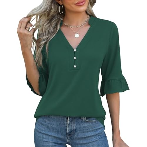 Rapbin Womens 3/4 Length Sleeve Blouses Ruffle Cuffs V Neck Button Down Shirts Dressy Flowy Tunic Tops