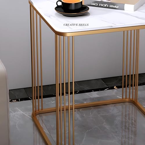 Image of Square Coffee Table and End Table for Living Room, Bedroo Coffee Table Balcony Garden, etc with Open Storage, Engineered Wood Surface Top (Gold White)