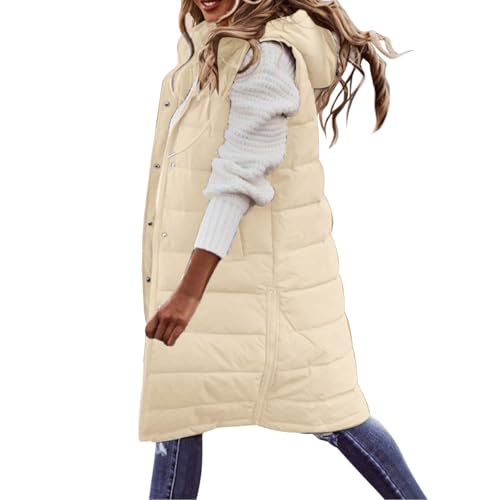 Chaleco largo para mujer, chaleco acolchado de invierno, chaleco de entretiempo, abrigo de plumón cálido, chaqueta softshell con capucha, ligera, sin mangas, con cremallera, bolsillos, chaqueta de