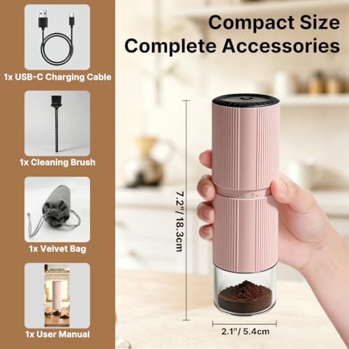 Portable Electric Coffee Grinder, 30+ Settings, 7-Blade Conical Burr, Pink - 1