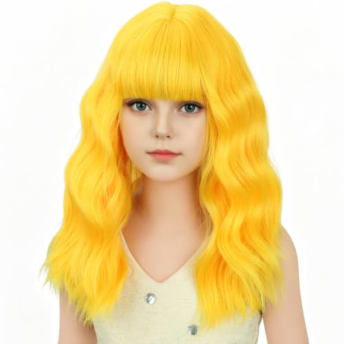 Image of Deep Yellow Wig short Yellow Wavy Curly Wigs Wig with Air Bangs Synthetic Cosplay Hair Wigs