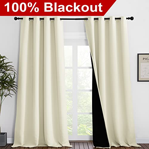 Image of NICETOWN Cold Reducing Curtains, Thermal Insulated 100% Blackout Curtains, Sound Proof Drapes with Black Backing, Full Light Blocking Panels for Patio Sliding Door (Beige, 1 Pair, 55 inch x 102 inch)