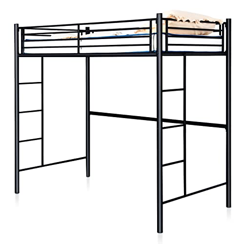 Multigot Loft Bunk Bed, 2 Ladders Metal High Sleeper with Safety Guardrail, Home Dormitory Apartment Single Bed Frame for Kids Teens Adults (Black)