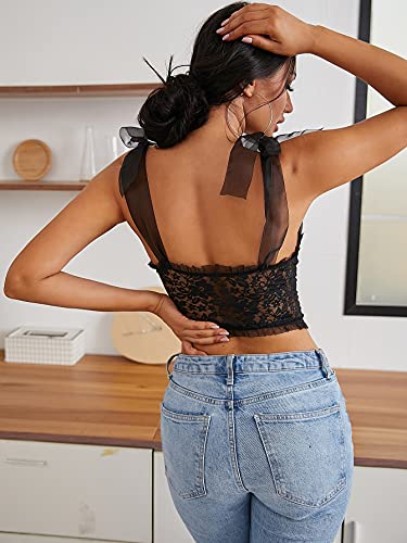 SheIn Women's Floral Sheer Eyelash Lace Up Bustier Cami Top Tie Shoulder Bralette Black Small - Image 4