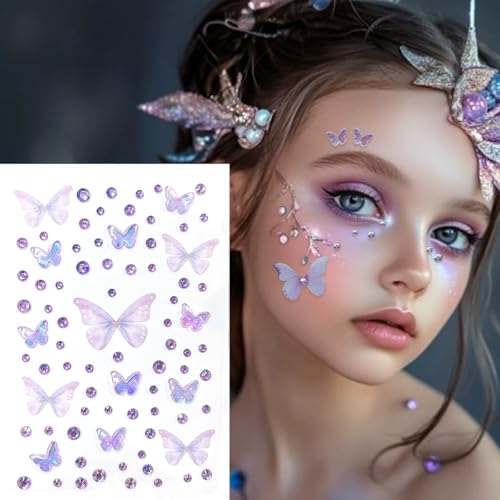Butterfly Face Gems for Girls – 150PCS +Summer Glitter Face Jewels, Self-Adhesive Rhinestones for Eyes, Cheeks, Body Nail– Festival, Rave, Cosplay, Birthday Party, Makeup Decoration (Purple)