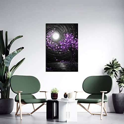 Skenoart Full Moon Canvas Wall Art Black White Moon Purple Blossom Tree Landscape Picture Painting Print Dreamlike Artwork Home Living Room Bedroom Bathroom Decor Stretched Ready To Hang #TOP1